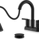 KENES Matte Black Centerset Bathroom Faucet with Pull Out Sprayer, 4 Inch 2 Handle Pull Down Bathroom Faucet 3 Hole, Bathroom Sink Faucet with Pop Up Drain & Supply Lines LJ-9069-2