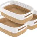 Small Basket with Gift Bags and RibbonsSmall Woven Basket Cute Oval Cotton Rope Gifts with Handle Empty Baby Wicker Storage Basket for Baby Showers Pet Toy Bin (White brown, 3 Pack (12"x 8"x 5"))