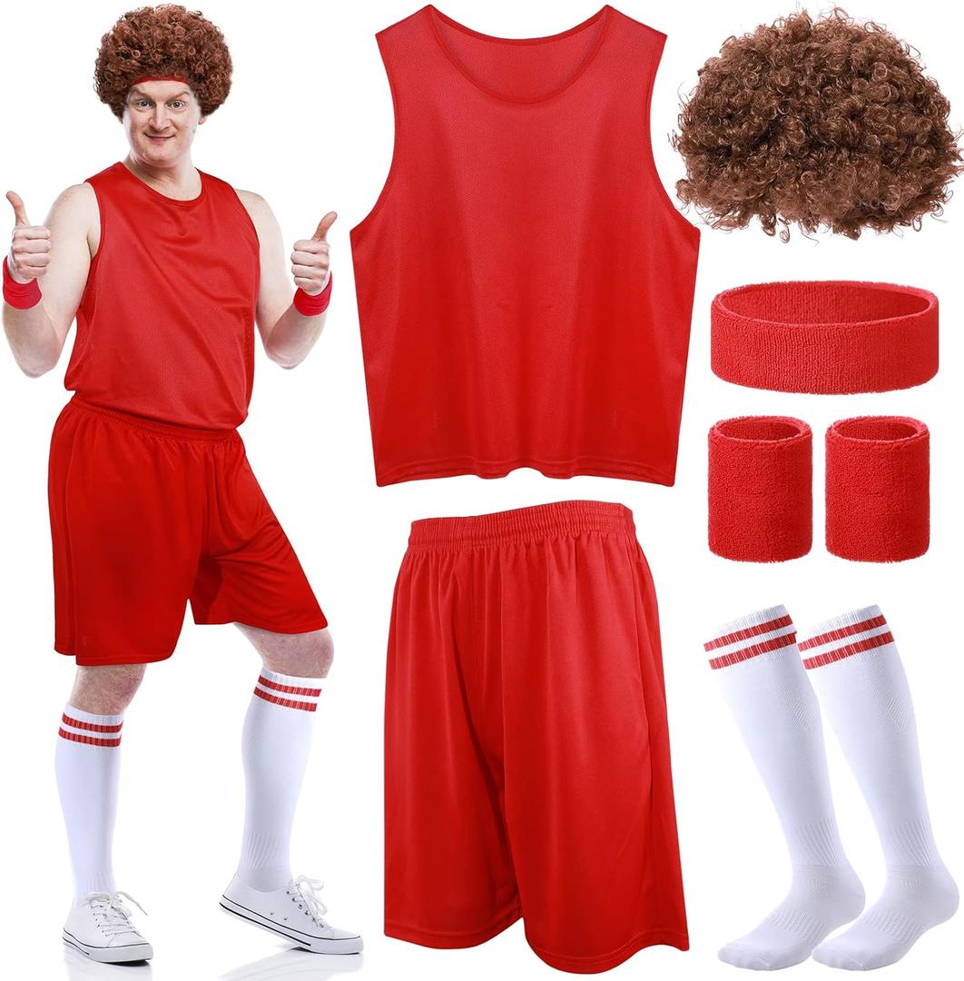 Liitrsh 6 Pcs Halloween 80s Men Workout Costume Set Include Tank Top Shorts Wristband Sweat Headband High Tube Socks Afro Wig (Medium)