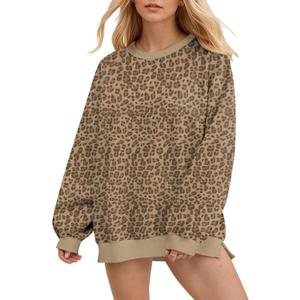 OLAPTA Women Leopard Sweatshirts Oversized Long Sleeve Cheetah Print Fleeced Pullover Tops Graphic Trendy Fall Clothes 2000s (XX-Large, Khaki)