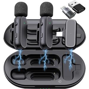 2 Pack Professional Wireless Lavalier Microphone for iPhone iPad Android with Charging Case Noise Reduction Plug-Play Clip on Lapel Mic for Video Recording Vlogging, YouTube, Interview, Live Streaming