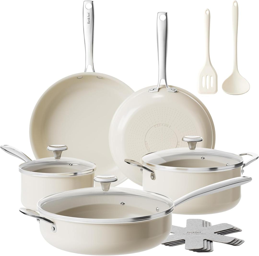 Redchef Ceramic Nonstick Cookware Set, 14pcs Pots and Pans Set Non Stick, Induction Cookware with Stainless Steel Handle, Non Toxic Kitchen Cooking Set, Dishwasher & Oven Safe, PFAS PFOA & PTFE Free