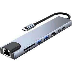 8-in-1 USB C Hub Multiport Adapter, Portable Type C Docking Station with RJ45, USB 3.0, USB 2.0, USB-C PD, HDMI, Dual Memory Card Readers, Universal for Laptop, Phone