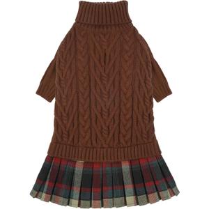 IECOii Girl Dog Sweater Dress - Cable Knit Dog Sweater for Small Dogs Girl - Caramel,Medium, Turtleneck Pullover Sweaters with Tartan Plaid Skirt, Adorable Warm Dog Knitted Dress for Christmas (Medium(Chest:17.32 in/44 cm))