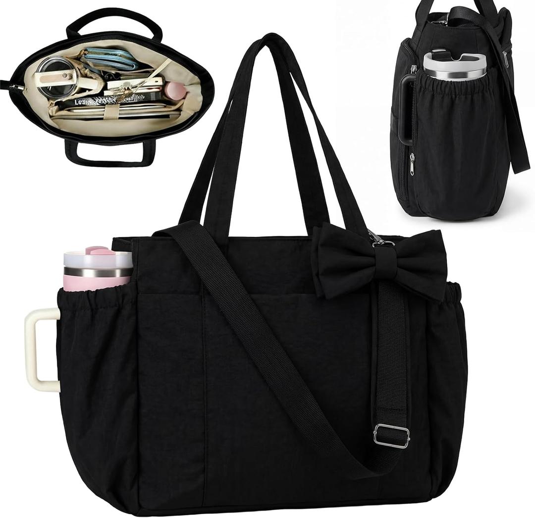 Yinkin Tote Bag with Tumbler Cup Holder for Women 15.6" Laptop Compartment Bow Lightweight Puffy Work Bag Teacher Nurse