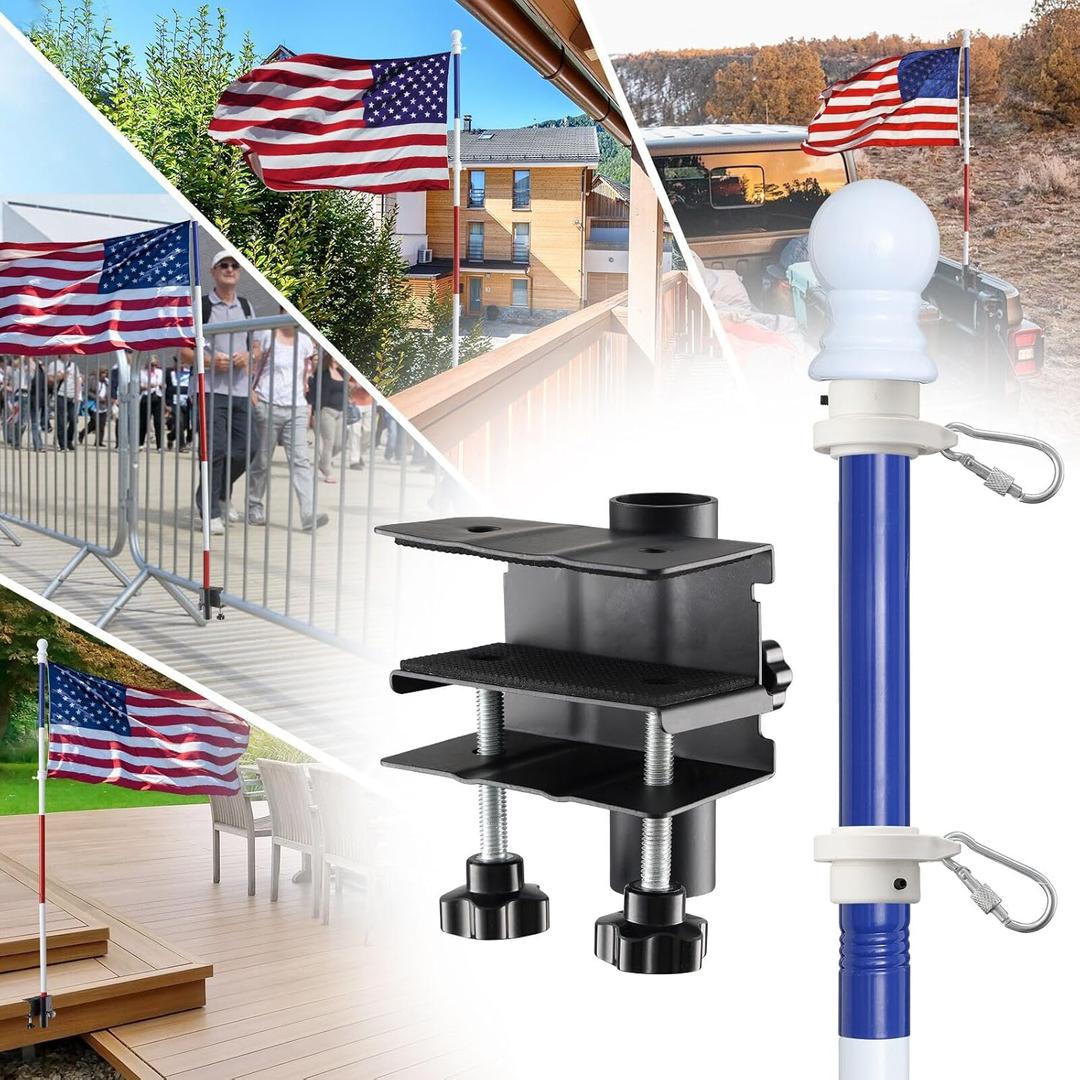 Flag Pole Kit with Clamp Mount Bracket - 5ft Heavy Duty Truck Flag Pole Mount Kit,Tangle-Free,No Drilling for Deck,Balcony Rail,Garden Fence Post,Tri-Color
