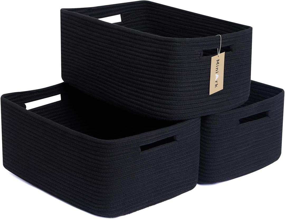 MiniArk Large Storage Baskets for Shelves, Closet Organizers Bins for Clothes Blanket Towels, Baby Nursery, Toy Baskets Box, Woven Rope Baskets, 17 x 13 x 7.5, 3 Packs, Black