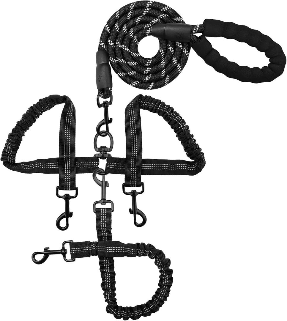 Triple Dog Leash Heavy Duty, No Tangle Removable Leads for 1-3 Dogs with Shock Absorbing Bungee and Soft Padded Handles, Comfortable Dog Leash for Multiple Dogs Outdoor Walking Training Adventures