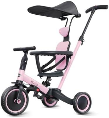 newyoo Tricycle for Toddlers 1-3, Toddler Bike, Birthday Gift and Toys for Girl and Boy, Push Trike with Handle and Canopy, 6 in 1 Baby Trike, Balance Bike, TR009, Pink