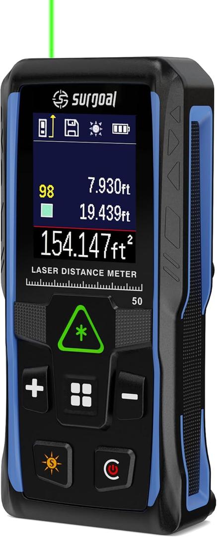Laser Distance Meter 196ft Digital Laser Measuring Tool with LCD Backlit Display, Pythagorean Mode, Area & Volume Calculation, 2mm Accuracy, Class II, Electronic Tape Measure for DIY and Construction (165ft)