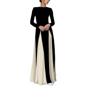 Womens Black&White Maxi Dress Long Sleeve Crewneck Long Dress Color Block Flowy Aline Dress with Large Hemlines, Size L