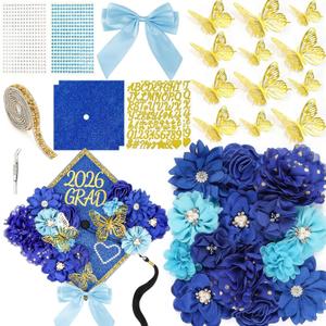 Graduation Cap Decorations Kit 2026 DIY Cap Decorations 36PCS Included Fake Flowers Heads Bow 3D Butterfly Self Adhesive Rhinestones Stickers Alphabet Letter Stickers for Grad Party Decor, Blue