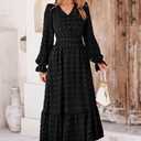 MASCOMODA Women Maxi Dress 2025 Fall Long Sleeve V Neck Swiss Dot Boho Smocked High Waisted A-Line Tiered Flowy Long Dresses (S)