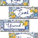3 Pcs Italian Lemons Bathroom Wall Decor Blue Flower Pattern Lemon Art Yellow Lemon Tree Hanging Paintings Wall Blue Lemon Bathroom Wooden Hanging Signs for Home Laundry Spa Room