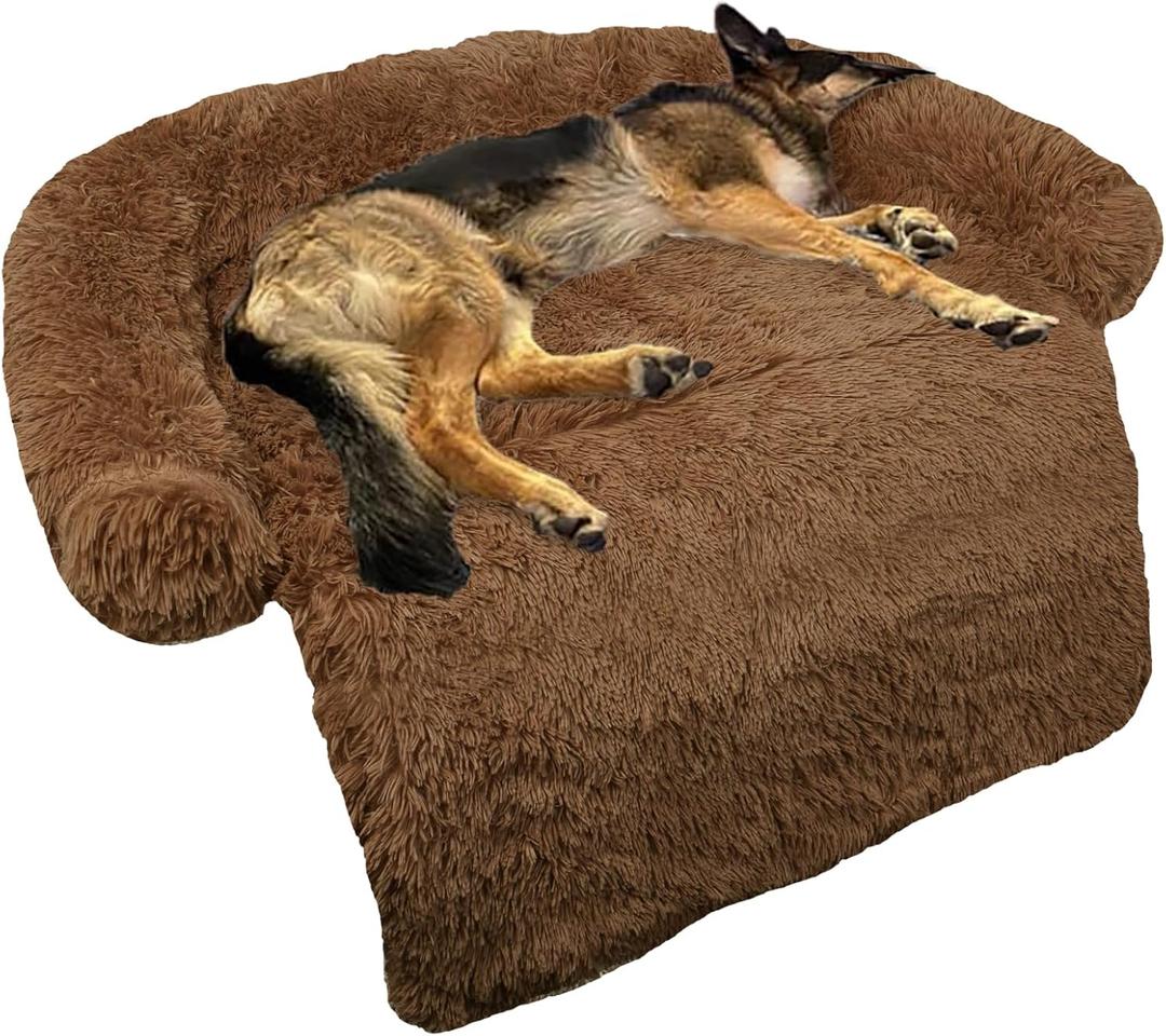 GGIB Calming Dog Bed Fluffy Plush Dog Mat for Furniture Protector with Removable Washable Cover for Large Medium Small Dogs and Cats (Large, Brown) (45.0"L x 37.0"W x 6.0"Th)