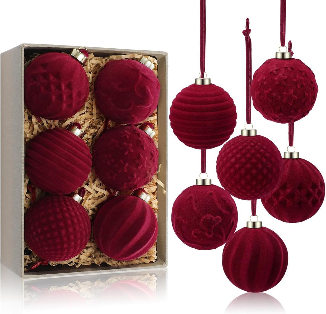 Jetec 12 Pcs Burgundy Velvet Christmas Ball Ornaments 2.36 Inch Flocked Xmas Tree Hanging Decoration Plastic Velvet Christmas Ornaments with 6 Styles for Xmas Holiday Party Decoration