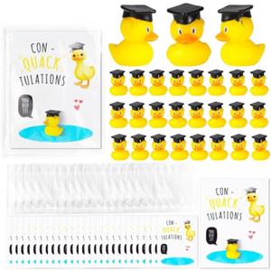 24 Pcs Graduation Ducks with Cap, Graduation Decorations Class of 2025, Heartfelt 'con Quack Tulations' Cards & Quick-Attach Foam Tape - Perfect for 2025 Graduation Gifts