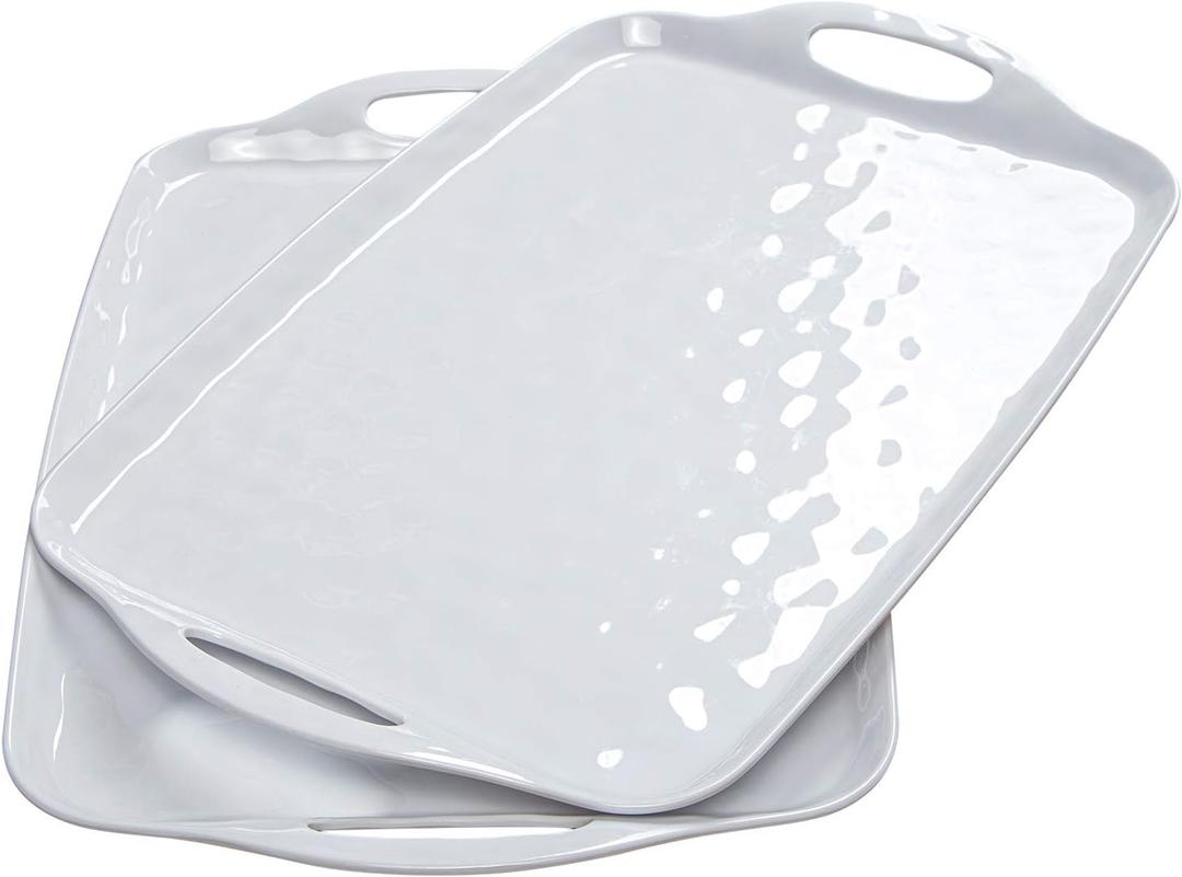 TP Large Serving Trays with Handles, 19" x 12" Melamine Serving Platters for Food, Turkey, Set of 2 Rectangular Trays for Party, Pure White