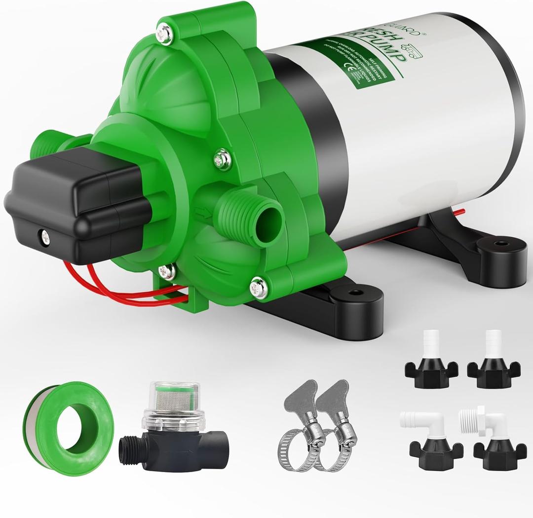 RVGUARD 12V DC Self Priming Water Pump, 3.5 GPM 45 PSI, Green Plastic Diaphragm Pump with Strainer Filter, Adapters, for RV, Yacht, Garden, Camper