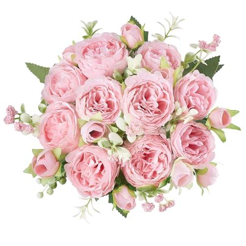 Mkono Peonies Artificial Flowers, Small Silk Flowers for Home Decor Indoor Fake Bouquet Faux Floral Arrangements Dining Table Centerpieces for Kitchen Party Decor Pink