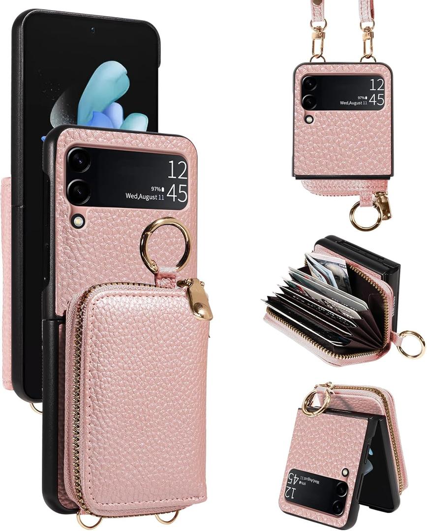 Wallet Case for Samsung Galaxy Z Flip 3 5G 2021 & Shoulder Strap Ring Buckle, PU Leather Zipper Flip Organ Purse, Credit Card Holder Stand Phone Cover for ZFlip3 Z3 Flip3 3Z Women Men Rose Gold