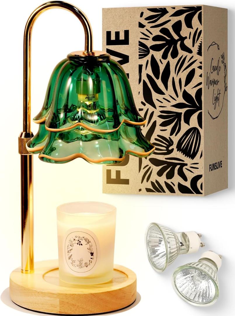 Green Candle Warmer Lamp with Timer Dimmable, Flower Candle Warming Light Height Adjustable, Wax Melt Warmer Candle Lamp for Jar Scented Candles, Birthday Christmas Housewarming Gifts for Women Mom