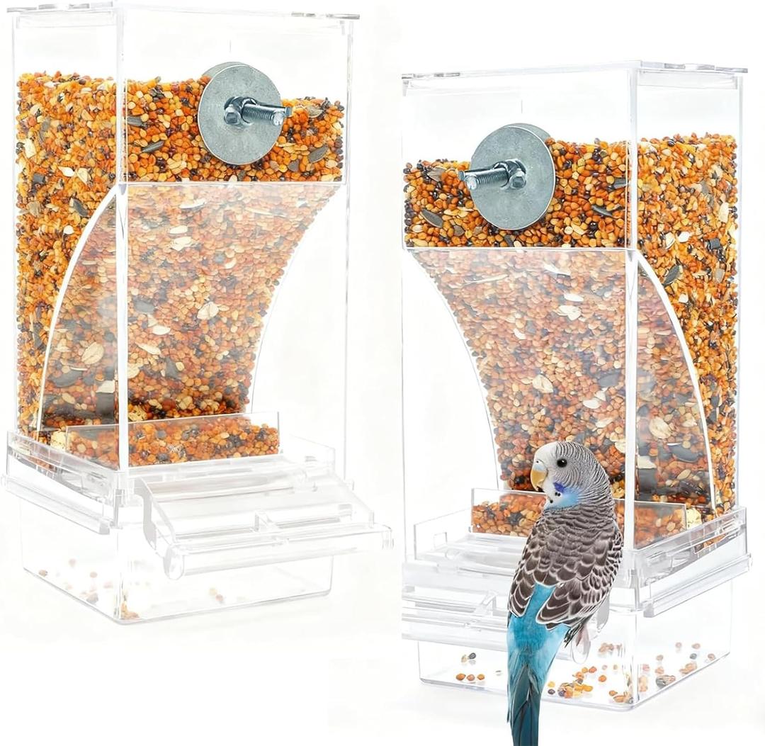 2Pcs Automatic Bird Feeder for Cage No Mess Parakeet Feeder Seed Food Container Feeding Station Cage Accessories for Small Birds Parrot Cockatiel Canary Lovebirds (Transparent)