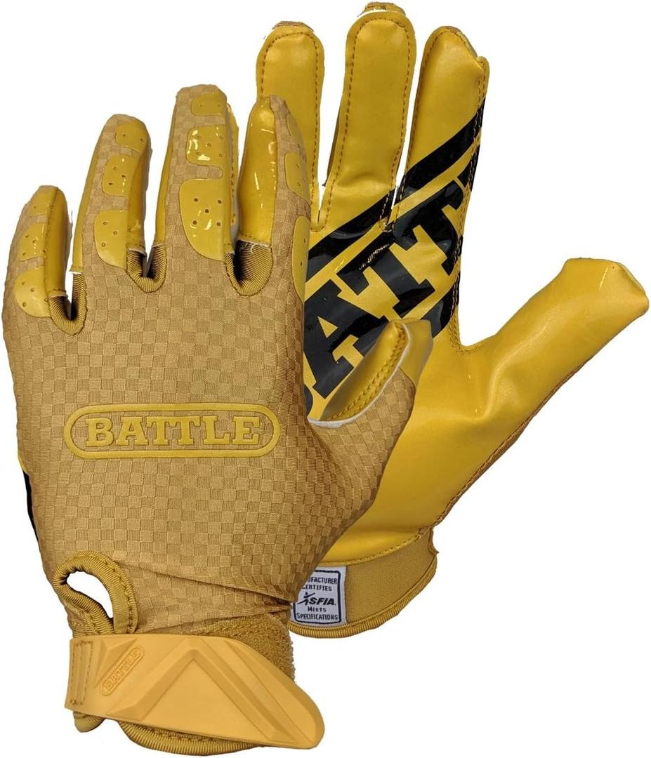 Battle Sports Triple Threat Wide Receiver Football Gloves, Ultra Stick Adult & Youth Gloves (Adult X-Large, Gold)