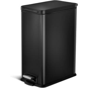 Home Zone Living 8 Gallon Slim Kitchen Trash Can with Soft Close Lid, Step Pedal, Bag Tuck Band, and Removable Liner, Stainless Steel, Matte Black