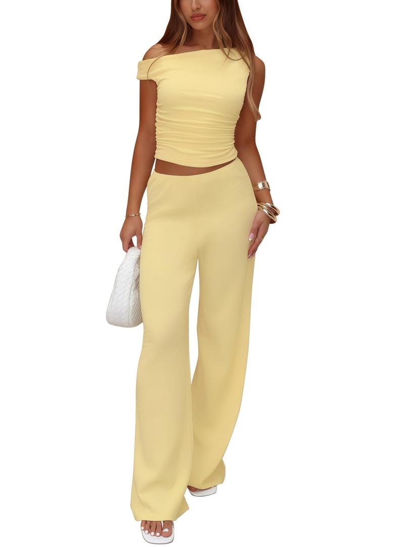Vest and Pants Set Women - Sexy Pant Sets Women 2 Piece Outfits Off Shoulder Ruched Crop Tops Wide Leg Pantsuits Yellow, Size Medium
