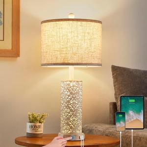 26" Farmhouse Table Lamp Dual Light, 3-Way Dimmable Touch Lamps, Rustic Nightstand Bedside Lamps with 2 USB Ports + AC Outlet, Modern Nightlight for Living Room Bedroom and Nightstand (White-1 Pack)