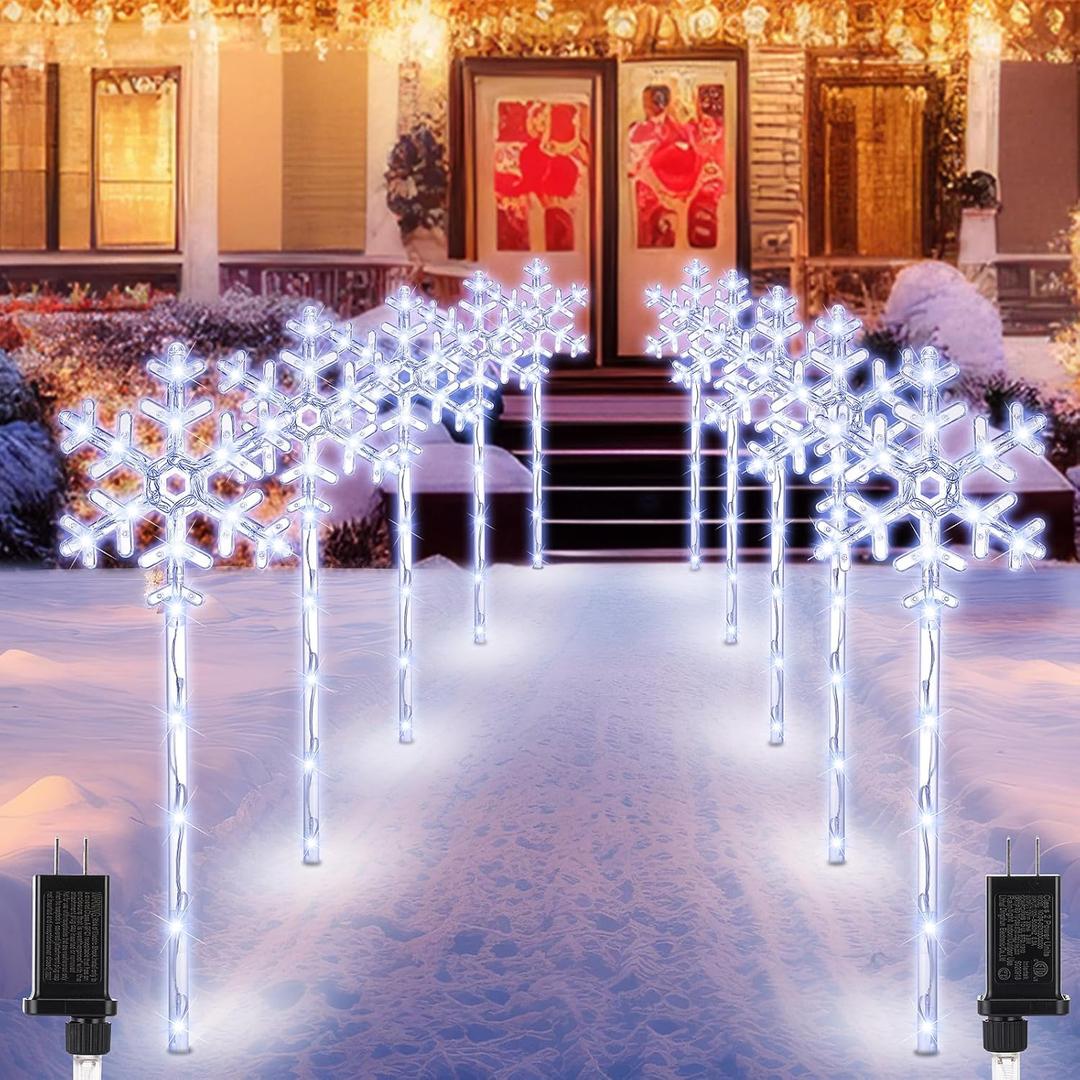 Retisee 9 Pack Snowflake Christmas Lights for Pathway Markers Lights Outdoor 27'' Peppermint Snowflake Pathway Decorations with Bows for Holiday Yard Lawn Walkway(Cool White)