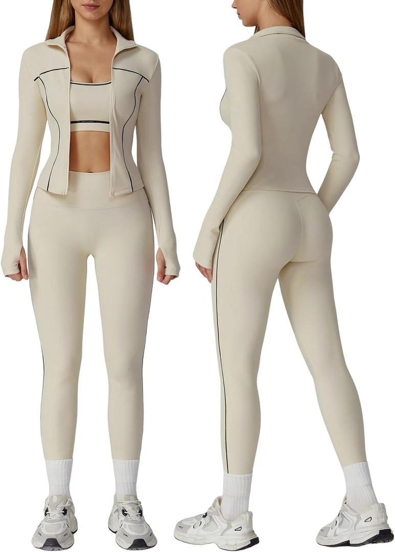 3 Piece Women Workout Set Sports Bra Tank Zip Jacket High Waist Leggings Casual Yoga Gym Outfit Athletic Clothing Sets (Beige, M)