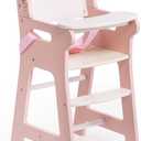 ROBOTIME High Chair for Pretend Play, Wooden Baby Doll Furniture with Safety Belt and Footrest, Fits 18 Inch Dolls, Gift for Ages 3+, White/Pink