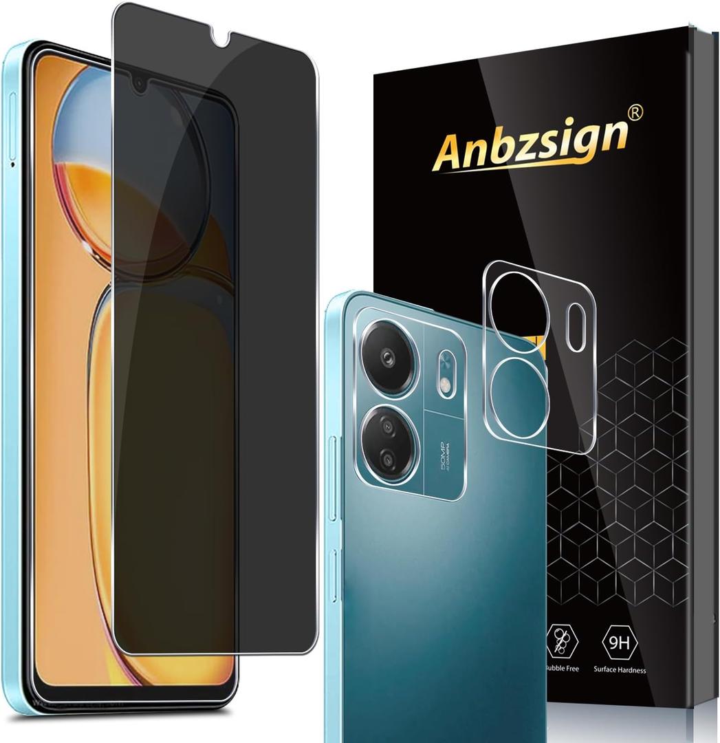 [2+2 Pack for Xiaomi Redmi 13C 4G Privacy Tempered Glass Screen Protecto and Camera Lens Protector, Anti-Spy 9H Hardness Case Friendly Film for Redmi 13C 4G.