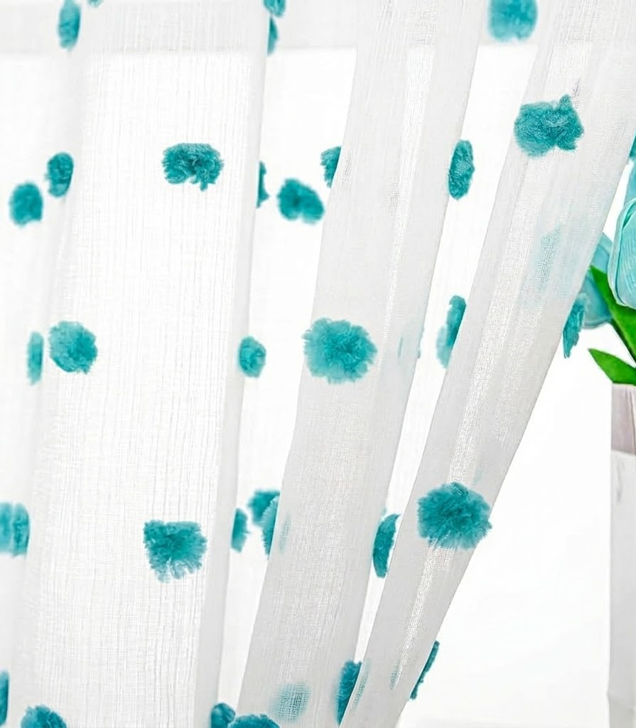 MYSKY HOME Short Curtains for Kitchen Windows Green Pom Pom Curtains for Bedroom Light Filtering White Sheer Curtains for Nursery Cafe Bathroom Privacy Rod Pocket Bohemian Voile 38 x 45 inch 1 Panels