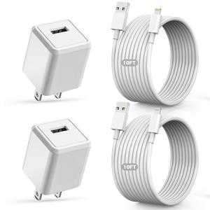 2Pack[Apple MFi Certified] iPhone Charger,10Feet Extra Long Lightning Cable Data Sync Transfer Cord with Portable Travel Charging Block Compatible with iPhone 14/13/12/11/10/X/8 Plus/XR/XS Max/7/SE