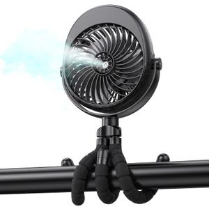 Portable Stroller Fan with Mist, Rechargeable Misting Fan with Flexible Tripods, 360 Pivot Personal Mister for Cooling Outdoor Travel Beach Umbrella Wagon Crib Treadmill Car (Black)