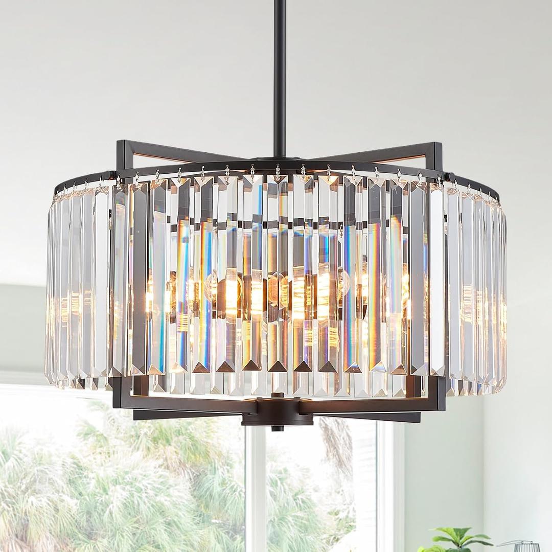 Black Crystal Chandelier Modern Drum Pendant Lighting Fixture for Dining Room, 20" Farmhouse Round 5-Light for Living Room Kitchen Island Bedroom Black