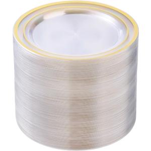 100PCS Clear Plastic Plates for Party, 7 Inch Heavy Duty Dinner Plates with Gold Rim, Disposable Plates for Wedding and Birthday