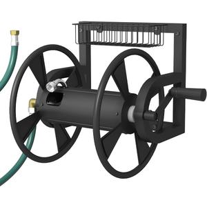 Garden Wall Mounted Hose Reel, Outdoor Heavy-Duty Water Hose Holder Winder, Holds 125 Feet of 5/8-Inch Hose, with 3.9 ft Leader Hose, Brass Fitting and Storage Basket for Yard, Black