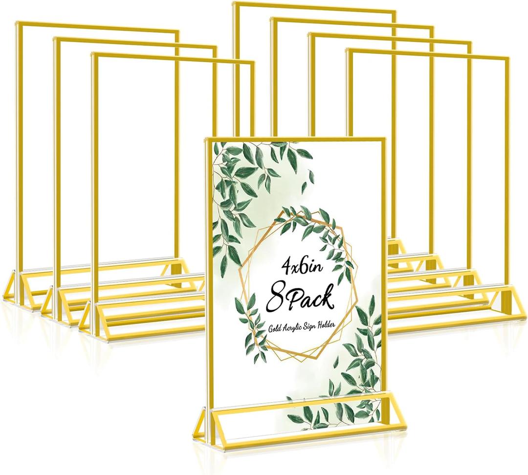 Dynta Acrylic Sign Holder 4x6 8 Pack Double Sided Clear Plastic Display Stands, Tabletop Menu Holder, Flyer Display for Wedding, Party, Restaurant, Office, Retail (Gold Frame)