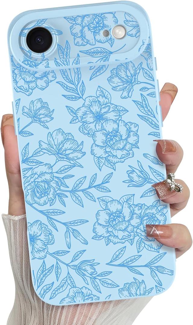 MZELQ for iPhone Air Case 2025, Silicone Floral Flower Rose Cute Pattern, Camera Protection Soft Slim Phone Cover for Girls Women -Blue