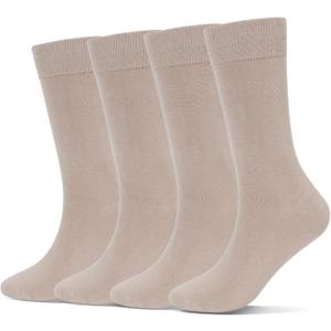 Athlemo Men's Dress Socks 4 Pack Crew Business Casual Sock Moisture Wicking Super Soft, 13-15, Beige
