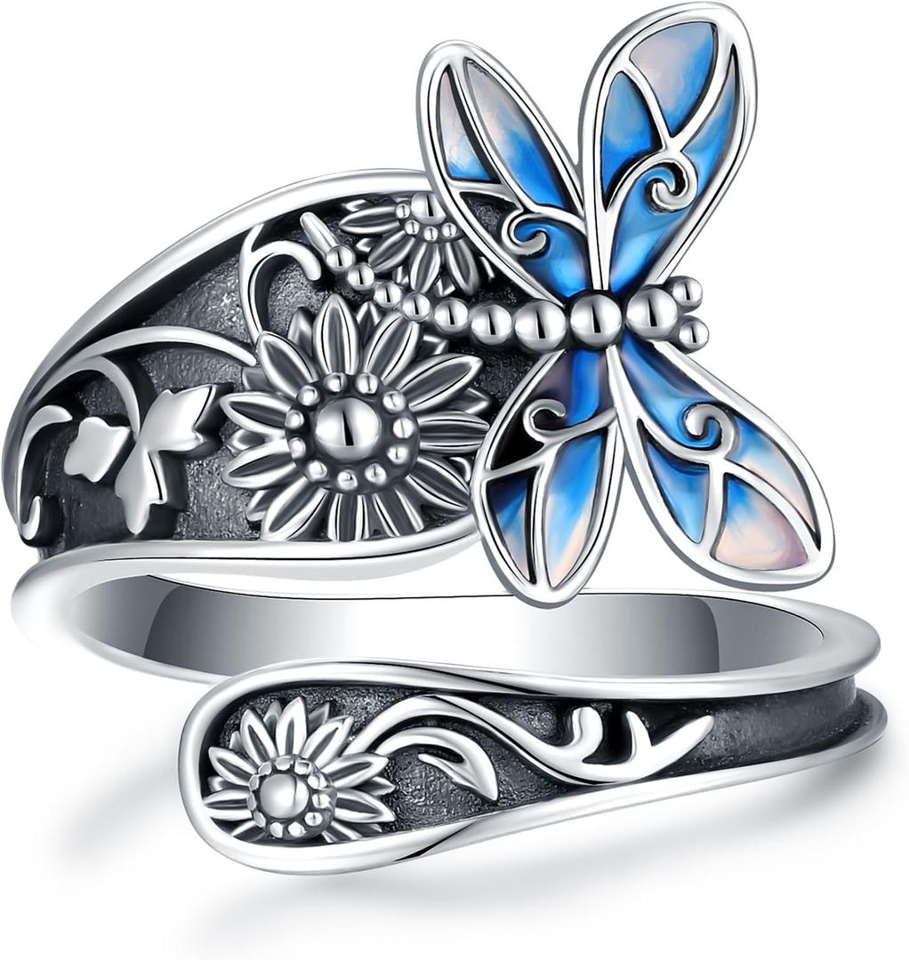 Turquoise Jewelry for Women - Sterling Silver Turquoise Rings Vintage Adjustable Sunflower Dragonfly Butterfly Spoon Ring Victorian Style Boho Antique Flower Thumb Statement Rings Jewelry Gifts for Women (Blue Gradient Dragonfly)