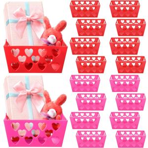 Hushee 16 Pcs Valentine's Day Baskets Empty Rectangular Heart Hollowed Baskets Storage Containers 5.51 x 4.33 x 2.44 Inches Pink and Red Plastic Storage Bins for Party Supplies Valentine's Day Gifts