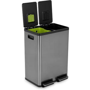 Simpli-Magic 16 Gallon (60L) Elegant Black Step Trash Can Dual Compartment Kitchen Garbage Can with Waste & Recycling Bins Slow-Close Lid, Odor Control, Hands-Free, Premium Stainless Steel