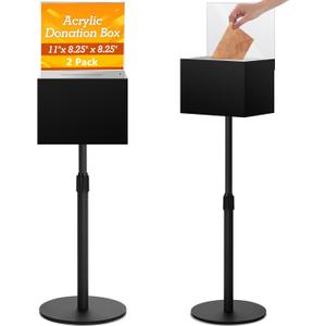 DoubleFill 2 Pack Black Suggestion Donation Box with Lock and Key 11x 8.25x 8.25 Inches Acrylic Offering Raffle Box with Stand Slot for Office Charity Church Collection