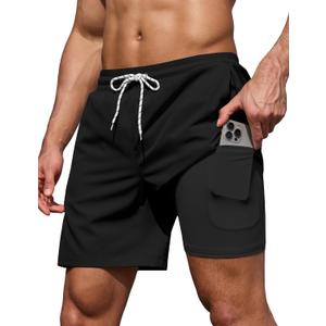 COOFANDY Men's 7" Swim Trunks with Compression Liner Stretch Swimming Shorts with Zipper Pockets (Black, M)