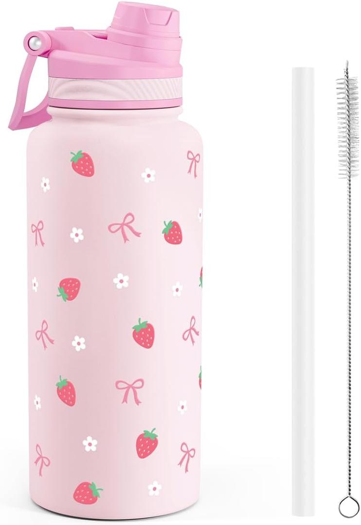 Strawberry Stainless Steel Water Bottle with Strap 32oz, Insulated Bottles with Straw and Spout Lid for Gym Sports Travel Outdoor, Gifts for Women Girls Birthday Christmas